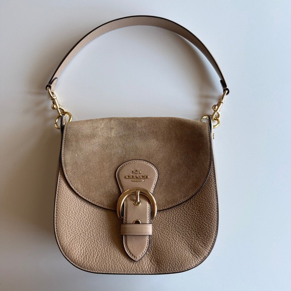 Coach Kleo Shoulder 23 Blush Beige Suede and Pebble Buckle Bag Purse - Picture 1 of 14